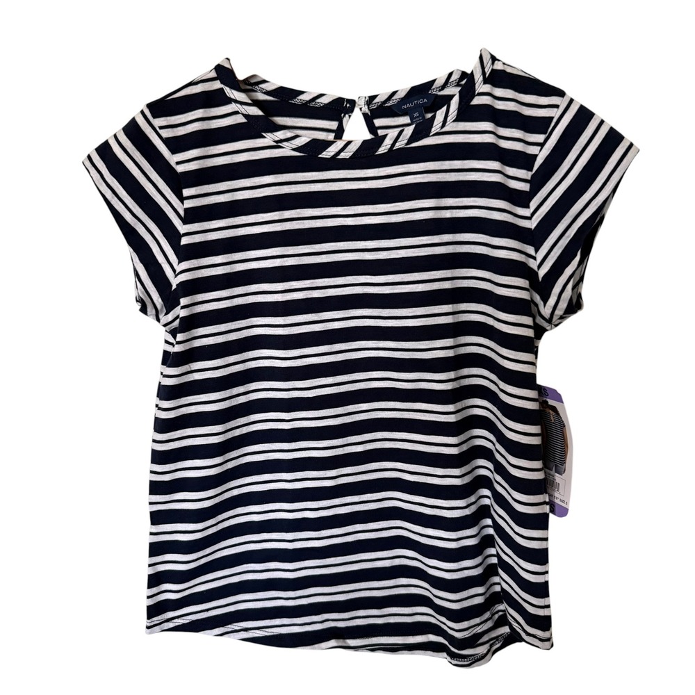 Nautica Short Sleeve Stripe Top Women XS Navy NWT Keyhole Back